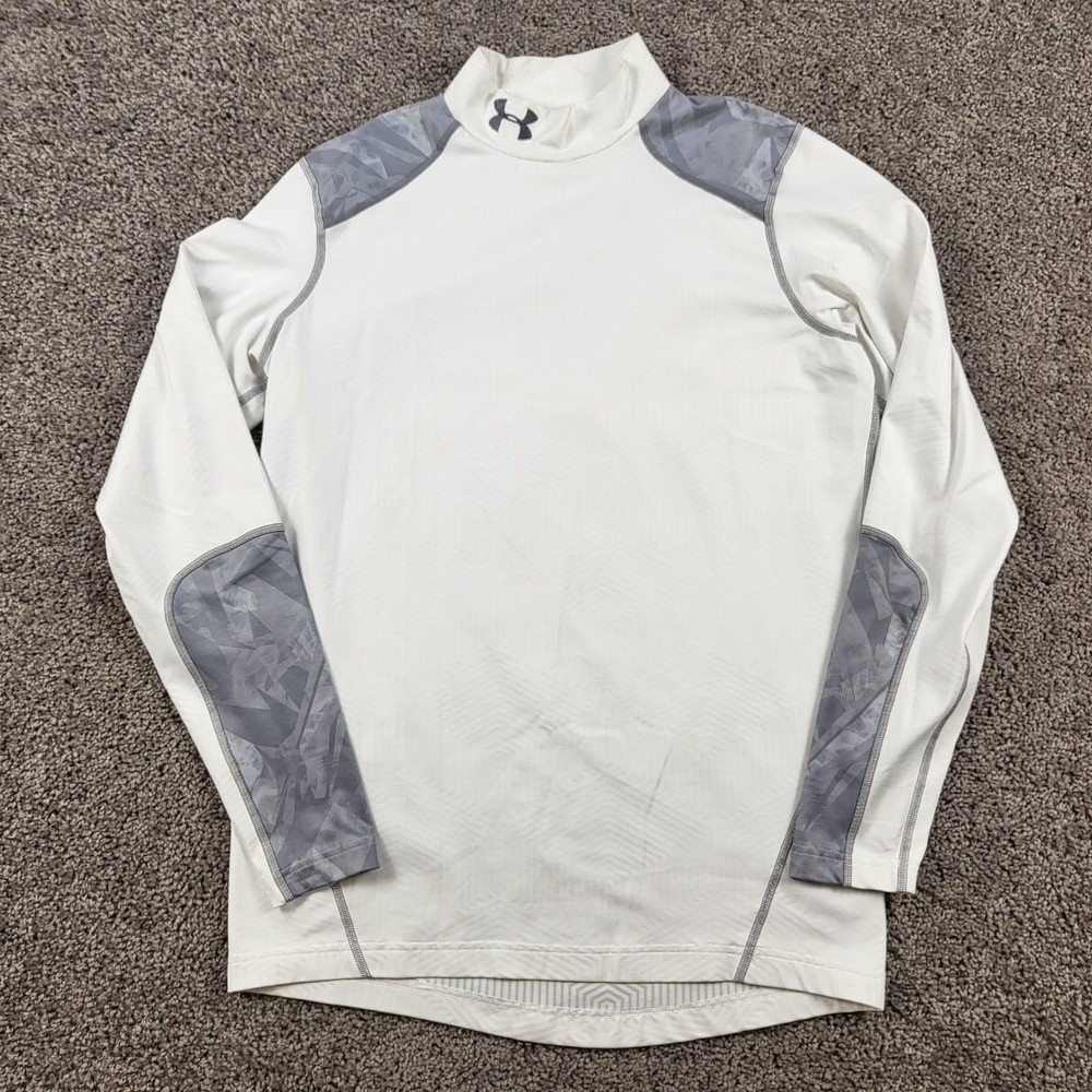 Under Armour Mens ColdGear Fitted Mock Neck Base Layer Shirt White Pattern Large